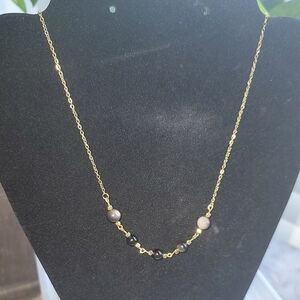 Stainless Steel Necklace with Silver Obsidian & Gold Hematite Beads – 17.5” + 2”